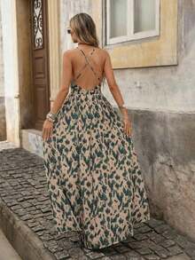 Vestido sin mangas de cuello en V con estampado total para vacaciones de verano de mujer - Negro - Ver 9