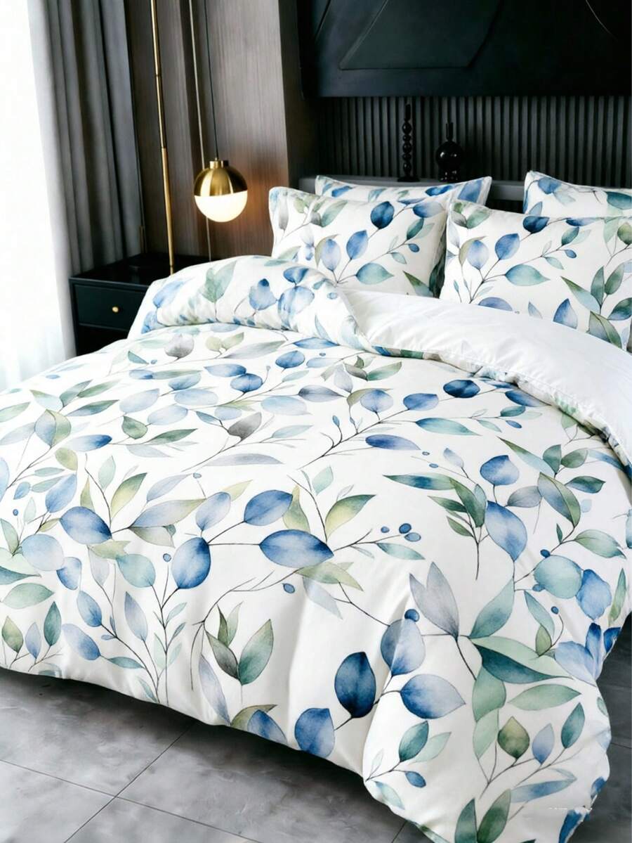 3Pcs Watercolor Eucalyptus Leaves Blue & Green Leaf Print Duvet Cover ,Pillow Cover Pattern Is Random ,Duvet Cover Set (1 Duvet Cover + 2 Pillowcase Without Pillow Insert), Bedding Set, Soft Warm And Cozy Bedding Set For Bedroom, Guest Room, Dormitory Decoration Set Rose Plant Print Soft Skin-Friendly Luxury Bedding - Multicolor - View 1
