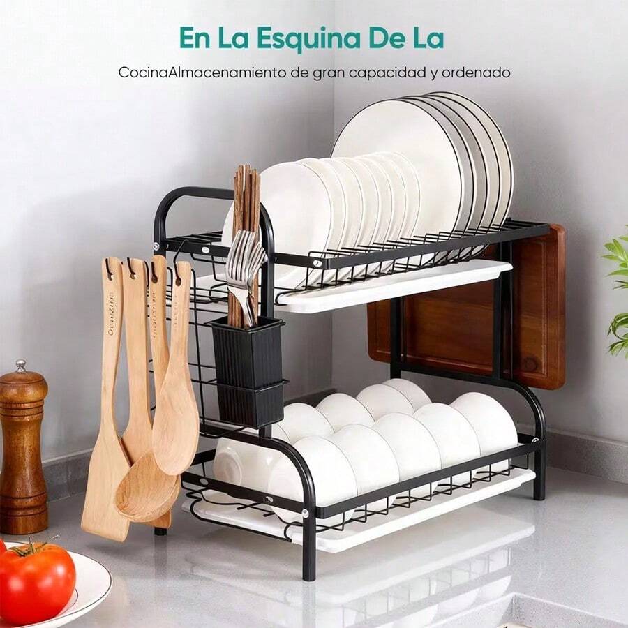Escurridor de platos de acero inoxidable de 2 niveles - Negro - Ver 1