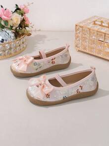 1 par de zapatos estilo chino Mary Jane nuevos, zapatos de cuero con punta redonda y slip-on, bordados florales retro, tacón plano, adecuados para atuendos, rosa suave con lazo, apropiados para actuaciones, niñas de las flores, festivales - Rosa Pálido - Ver 3