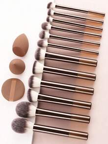15件套多功能化妆刷套装，包含12支长柄软毛化妆刷、2个化妆海绵、1个粉扑，适合所有肤质，快速上妆工具 - 咖啡棕 - 查看 3