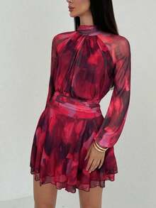 Vestido de manga larga ajustado con silueta de paraguas para mujer, nuevo para otoño/invierno, para uso casual/citas/salidas/maestras, vestido romántico con estampado de teñido anudado en púrpura y cuello alto con lazo en la cintura - Burdeos - Ver 5