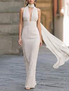Women's Retro French Polka Dot Halter Maxi Dress, Made Of Beige Chiffon Fabric, With High Collar Halter Neck, Deep V-Cut And Flowing Tie, Suitable For Vacation Or Summer Atmosphere Outfit White - White - View 1