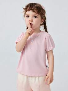 mini bala 2026夏季女童短袖T恤，竹纖維棉，吸濕排汗，透氣，花瓣袖，鏈條印花，休閒穿著 - 白紅色 - 查看 1