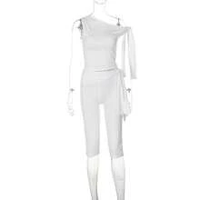 Women's Two Piece Set, One Shoulder Sleeveless Draped Top Leggings Elegant Party Going Out Outfit - 白色 - 查看 8