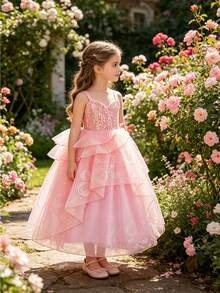 Bộ 6 món gồm váy công chúa màu hồng voan đính sequin không tay, băng đô, đũa phép, túi xách, thích hợp cho lễ Giáng sinh và tiệc hóa trang. - Hồng - Xem 2