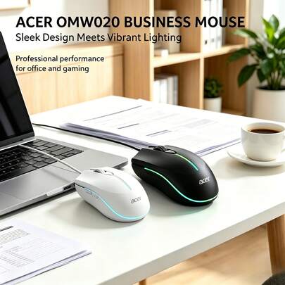 Acer OAK020 USB有線滑鼠 男女通用 輕音滑鼠遊戲 商務辦公室人體工學光電滑鼠