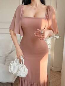 Vestido elegante de mujer de unicolor con cuello cuadrado y dobladillo con volantes, conjunto de ropa para el Día de San Valentín para mujer - Rosa - Ver 2