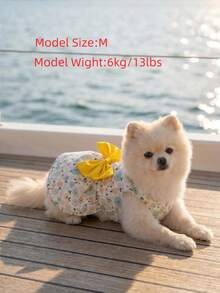 春夏小号碎花公主裙，宠物狗/猫衣服，泰迪/博美/比熊犬连衣裙，带蝴蝶结 - 黃色 - 查看 3