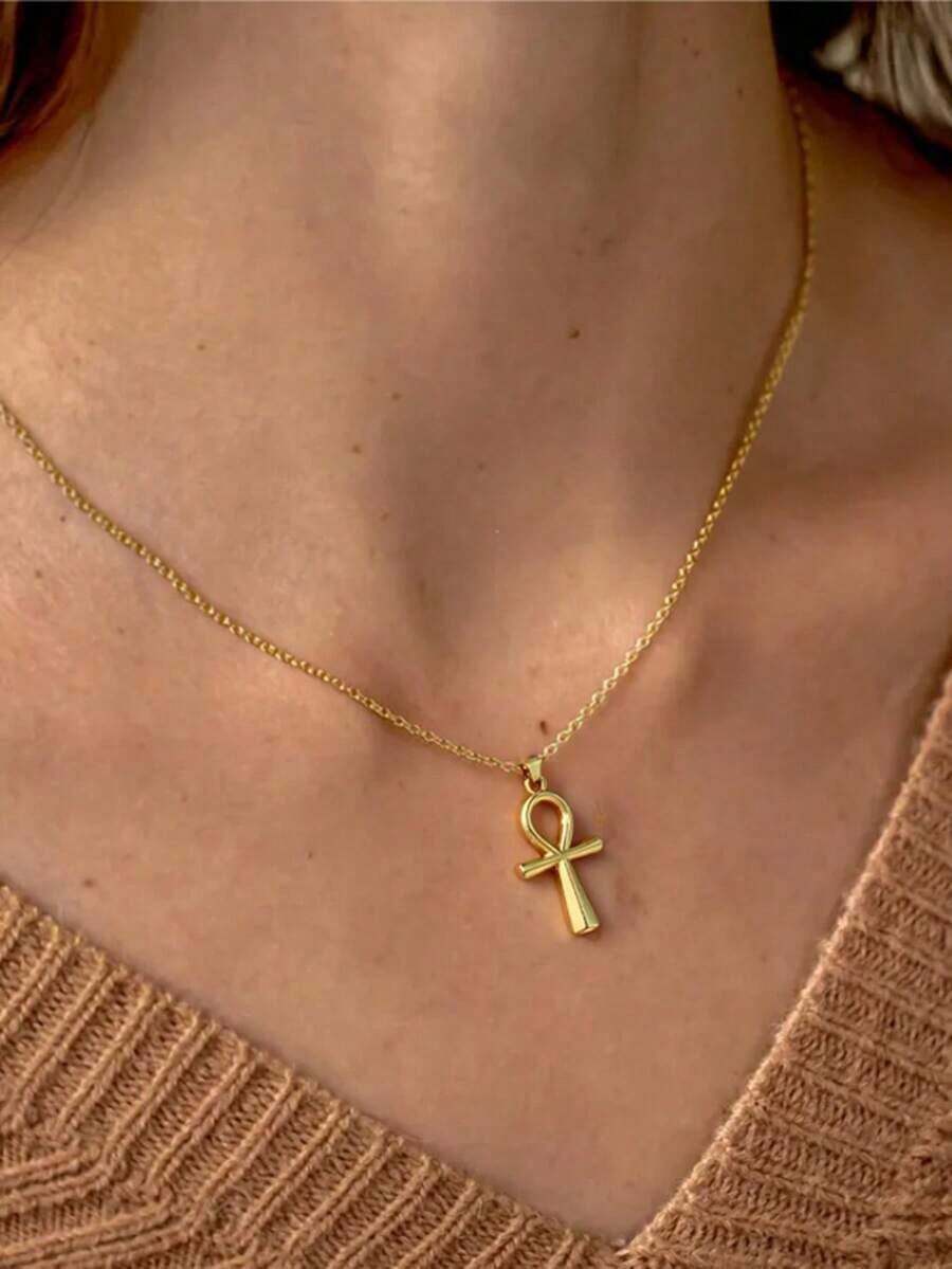 1pc 18K Gold Plated Ankh Cross Necklace, Delicate Ankh Pendant Cross Necklace, Stainless Steel Necklace For Women, Vintage Silver Cross, Great Gift Choice - 多色 - 查看 1