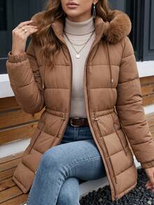 Women's Puffer Jacket With Faux Fur Lining For Winter With Hood - Óxido marrón - Ver 4