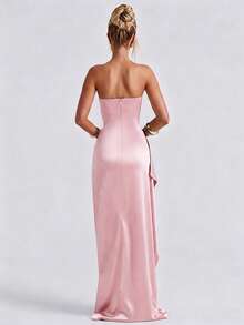Đầm xẻ tà xếp ly satin thanh lịch quyến rũ, đầm tiệc cocktail, đầm dự tiệc cưới phù dâu, đầm dạ hội chính thức không dây màu hồng - Hồng - Xem 5