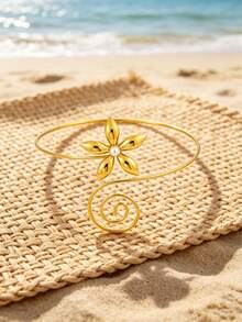 18K Gold/Silver Plated Floral Swirl Open Cuff Bracelet (With Pearl Accents), Bohemian Style Resort Stainless Steel Waterproof Ocean Theme Arm Cuff (2 Colors Available) For Women - Gold - View 5