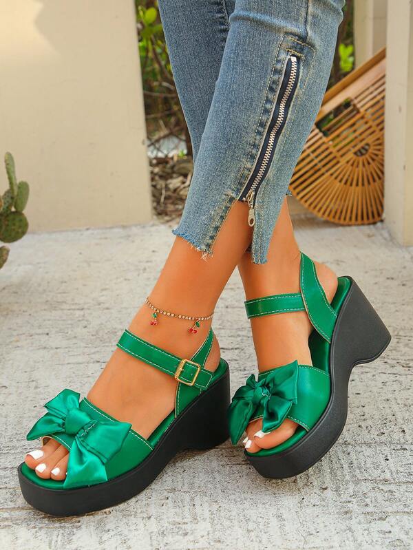 Wide Fit.Women's Buckle Bow Wedge Platform Slides, Elegant Comfort Green High Heel Summer Sandals For Daily Outdoor Wear