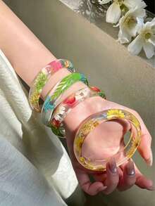 4种颜色可选，度假风，优雅时尚，简约干花树脂透明手链，适合日常街头或海滩旅行穿搭 - 彩色 - 查看 2