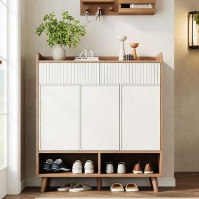 Sideboard Schuhschrank Mit 3 Türen, 2 Schubladen Fächern Für Schuhe – Schuhkommode Mit Holzbeinen, In Weiß/Holz-Optik, Ideal Für Diele, Flur, Masse: 90x35x100 Cm