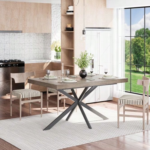 140CM-180CM Retro Rectangular Extendable Dining Table With Hidden Storage Natural Top With Same Color Embossed Center Plate For Dining Room Kitchen & Living Room Seats 4-6(Gray) - Gray - View 1