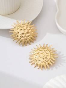 2pcs Fashionable Minimalist Asymmetrical Sun-Shaped Stud Earrings, Versatile Elegant Design Suitable For Women To Wear On Vacation - Golden Sunflower - View 2