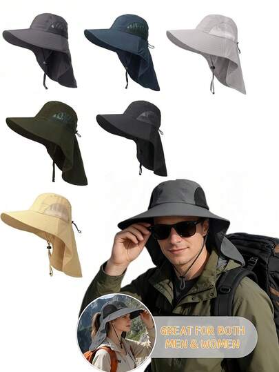 Men's And Women's Universal Sun Hat, Wide-Brimmed Fishing Hat With Neck Pocket, Breathable Mesh And Quick-Drying Fabric, Adjustable Chin Strap, Suitable For Hiking, Fishing, Gardening, Beach And Outdoor Work, A UV-Protective Hat That Can Be Worn During Summer Activities, Lightweight And Foldable, The Best Sunscreen Equipment For Outdoor Use Throughout The Day.