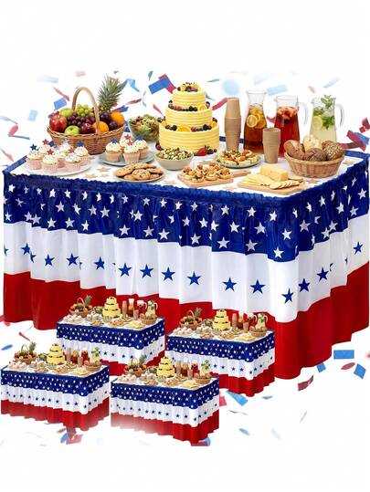 1/2 bộ khăn trải bàn nhựa 137*274cm và váy phủ bàn nhựa 73*426cm, 3 màu xanh dương, trắng và đỏ, thích hợp trang trí bàn tiệc Ngày Độc lập, Ngày Cựu chiến binh.