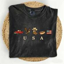 USA Icons T Shirt, American Flag T-Shirt, 4th Of July Graphic Tee, Country Clothing, Western Outfits, Independence Day 250th America Anniversary T Shirt2026 - Summer Outfits For Women - 黑色 - 查看 1