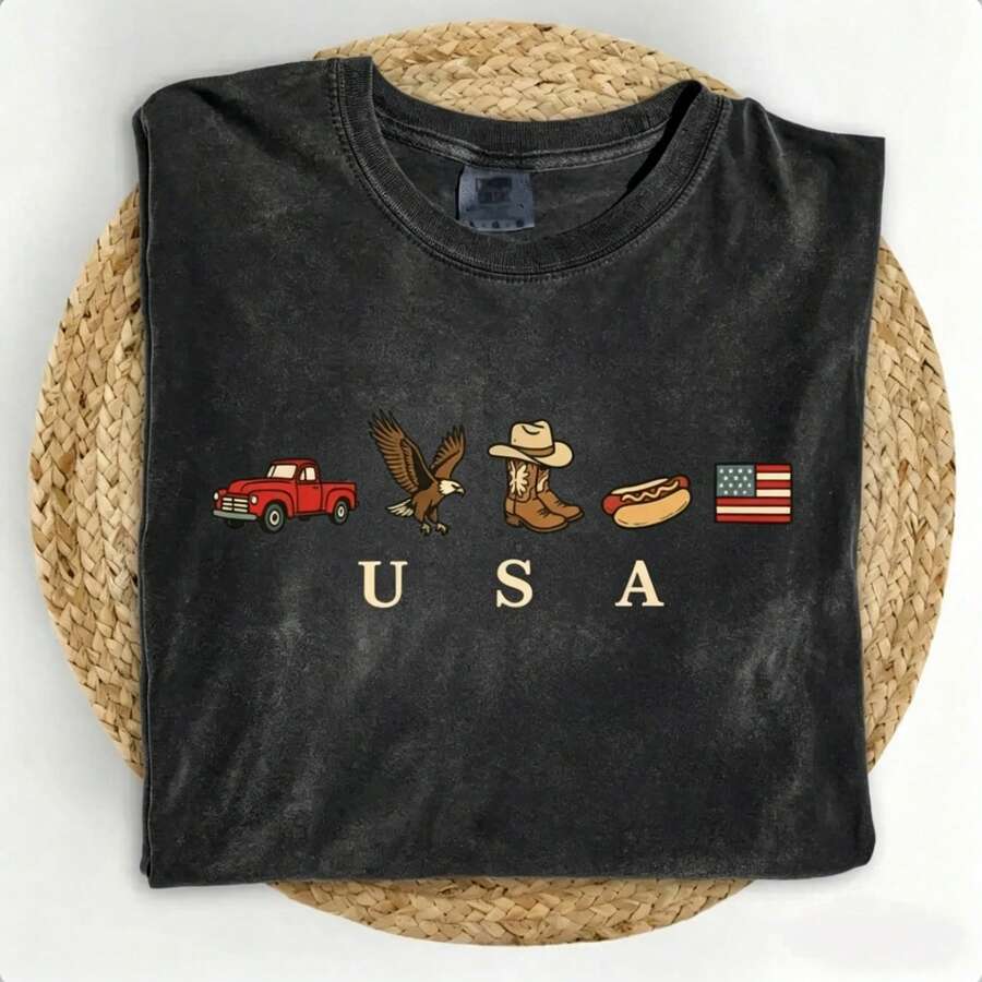 USA Icons T Shirt, American Flag T-Shirt, 4th Of July Graphic Tee, Country Clothing, Western Outfits, Independence Day 250th America Anniversary T Shirt2026 - Summer Outfits For Women - 黑色 - 查看 1