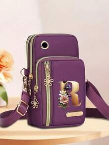 1 chiếc ví đeo vai thời trang in hình hoa kim loại và 26 chữ cái từ A-Z, chất liệu nylon, ví đựng tiền xu, ví đeo vai đựng điện thoại, túi xách nữ, ví cầm tay đa năng, túi đeo vai kiêm ví đựng tiền xu có ngăn đựng điện thoại, quà tặng thường ngày cho sinh viên, học sinh, sinh viên, ngày của Mẹ, kỷ niệm, sinh nhật, tựu trường, quà tặng ngày lễ. - Nhiều màu - Xem 12
