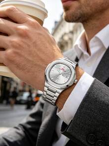 男士奢華運動品牌不鏽鋼 43.5mm 原裝雙日曆機芯商務石英腕錶 VA VA VOOM 情人節禮物 男錶 銀黑運動風條紋夜光 3Bar 優雅男錶 - 銀色 - 查看 9