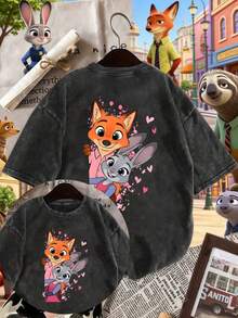 Zootopia Nick Judy Pink Love Background Cute Interaction Style PrintFront And Back Disney Cartoon Print Design Oversized FashionVintage T Shirt Street Style 2026 Spring Summer Retro Fashion LoversPopular Vintage Crew Neck T Shirt - 黑色 - 查看 1