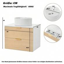 60cm Wall-Hung Bathroom Vanity Unit With Round Ceramic Sink, Drawer Fronts With Wood Look And Simple Stripe Design, High Quality MDF Board, Large Storage Capacity: 2 Drawers + Countertop. - 自然色 - 查看 3