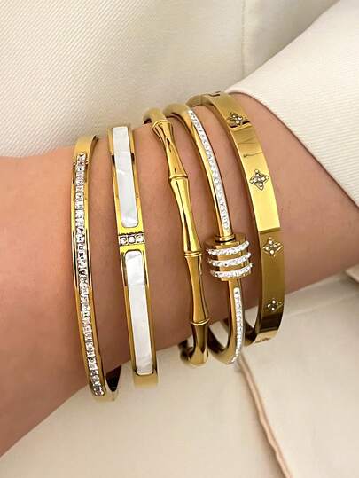 Bộ 5 chiếc vòng tay tối giản thời trang độc đáo đính đá Cubic Zirconia sang trọng họa tiết hoa cổ điển, thích hợp cho phụ nữ đeo đi dự tiệc và các buổi tiệc chiêu đãi, món quà ngày lễ thanh lịch và đa năng.