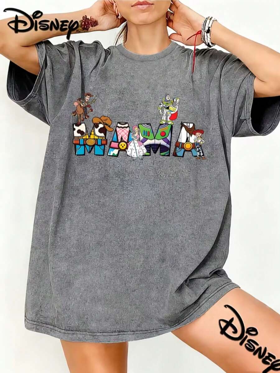 Disney Cartoon Print Oversized Vintage Washed T Shirt With TrendyDesign Toy Story Collage Mama Cowboy And Space Style Streetwear 2026Spring Summer Retro Fashion Must Have Crew Neck Tee - Grey - View 1