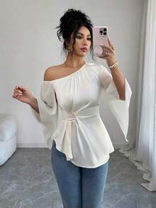 Blusa elegante romántica de gasa blanca femenina, diseño de hombro descubierto asimétrico, manga larga acampana abierta fluida, cintura ajustable con cordón y bajo asimétrico de volantes.Tela ligera transpirable caída, ideal para vacaciones playeras, oficina y citas diarias. - Albaricoque - Ver 3