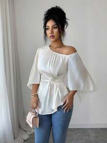 Blusa elegante romántica de gasa blanca femenina, diseño de hombro descubierto asimétrico, manga larga acampana abierta fluida, cintura ajustable con cordón y bajo asimétrico de volantes.Tela ligera transpirable caída, ideal para vacaciones playeras, oficina y citas diarias. - Albaricoque - Ver 4