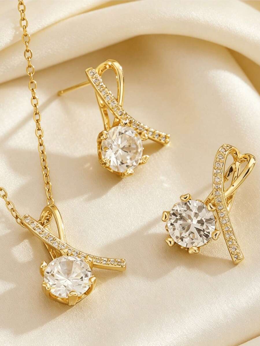 1套不鏽鋼鏈條鋯石水滴吊墜時尚項鍊與耳環珠寶,禮品飾品 - 水滴-均碼 - 查看 1