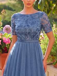 Faeriesty Elegant Women's Long A-Line Dress, Mesh Embroidery Sequin Floral Short Sleeve Round Neck Formal Evening Gown Vacation - Blue - View 4