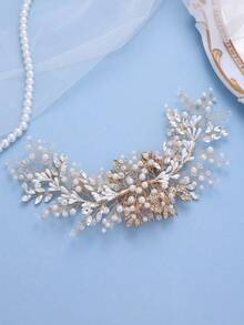 1 pieza Peineta accesorio de novia elegante con flor blanca, cristal y perla en forma de hoja - Dorado - Ver 3