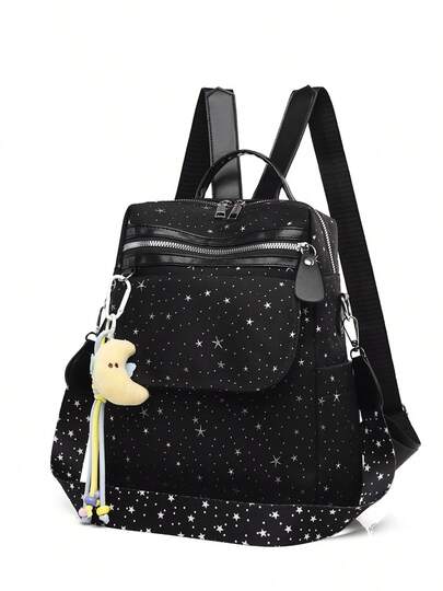 Star Print Backpack, Casual Crossbody Bag, Water-Resistant Oxford Cloth Student Backpack, Korean Style, Ins Aesthetic Star Print Backpack With Pendant, Large Capacity Commuter Travel Bag, Girly, Japanese Sweet Star Print Backpack, Multi-Compartment Oxford Cloth Casual Backpack For Middle/High School Students