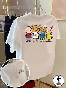 Talla unisex. Camiseta de algodón de verano de talla grande para mujer. Camiseta de manga corta con estampado frontal y trasero - Día del Niño, estampado de moda de amistad - Camiseta de mujer con estampado de moda primavera/verano, artículo de moda. Material absorbente de sudor, suave y agradable para la piel. - Blanco - Ver 3