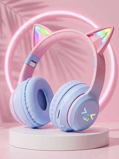 Auriculares inalámbricos con diseño de orejas de gato LED, auriculares lindos para niñas y adolescentes, adecuados para música, juegos, video y uso diario