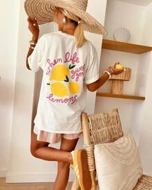 Oversized T-Shirt With Lemon Print, Gothic Style For Couples - Black - View 2