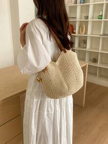 Sac en crochet ajouré ivoire/kaki, sangle en PU + décoration de perles en bois floral, sac à bandoulière décontracté pour les vacances à la plage & les trajets, sac sous le bras en maille fait main, sac fourre-tout de style bohème, sac de shopping d'été pour la plage - Multicolore - Voir 9