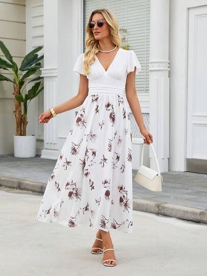French Romantic Floral V-Neck Dress, Flattering Fit For Vacation, Date, And Daily Commute