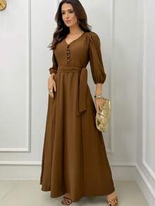 Women's Long Dress With 3/4 Sleeves, Button Closure, And Tie. Autumn/Winter. - Rust Brown - View 1