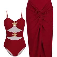2026 New One-Piece Bikini Swimsuit Solid Color Sexy Beach Vacation Bikini - Red - View 2