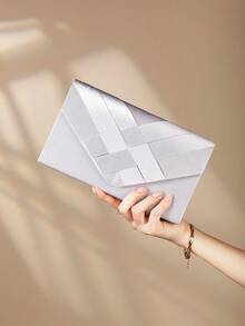 Fashion Satin Trim Evening Clutch Handbag Envelope Shoulder Bag - Silver - View 8