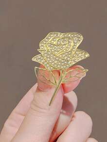 1 pieza Broche de flor de rosa dorada de moda con brillantes rhinestones de CZ, joya de broche de metal como regalo para fiesta, San Valentín, mamá, madre, Día de la Madre - Dorado - Ver 1