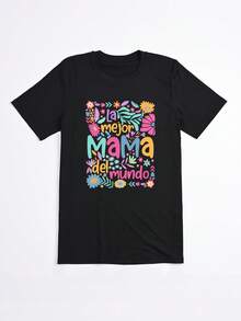 Camiseta Negra con Estampado Floral y Texto La Mejor Mama del Mundo para Mujer Casual - Negro - Ver 2