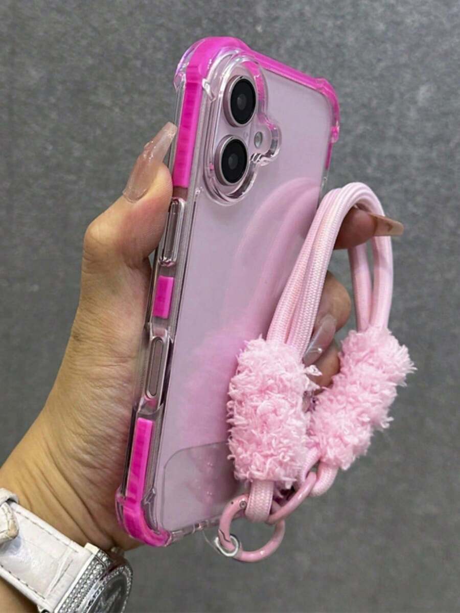 Étui de protection d'écran rose hybride avec armure de pare-chocs, dragonne transparente rose avec sangle de poignet rose. Compatible avec iPhone 17 Pro Max, 17 Pro, 17 Air, 14, 15, 16, 17 Pro Max, 11, 12, 13, 14, 16E. Couvercle transparent antichoc, cadeau de Pâques