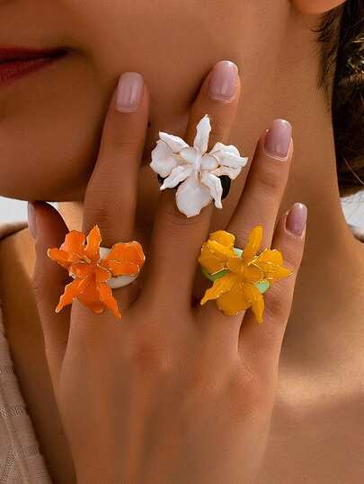 3pcs/Set Asymmetrical Floral Rings, Exquisite High-End Personalized Dopamine Enamel Flowers, Elegant Resort Style Luxury Resin Flower Versatile Unique Ring Set, Mother's Day Gift
